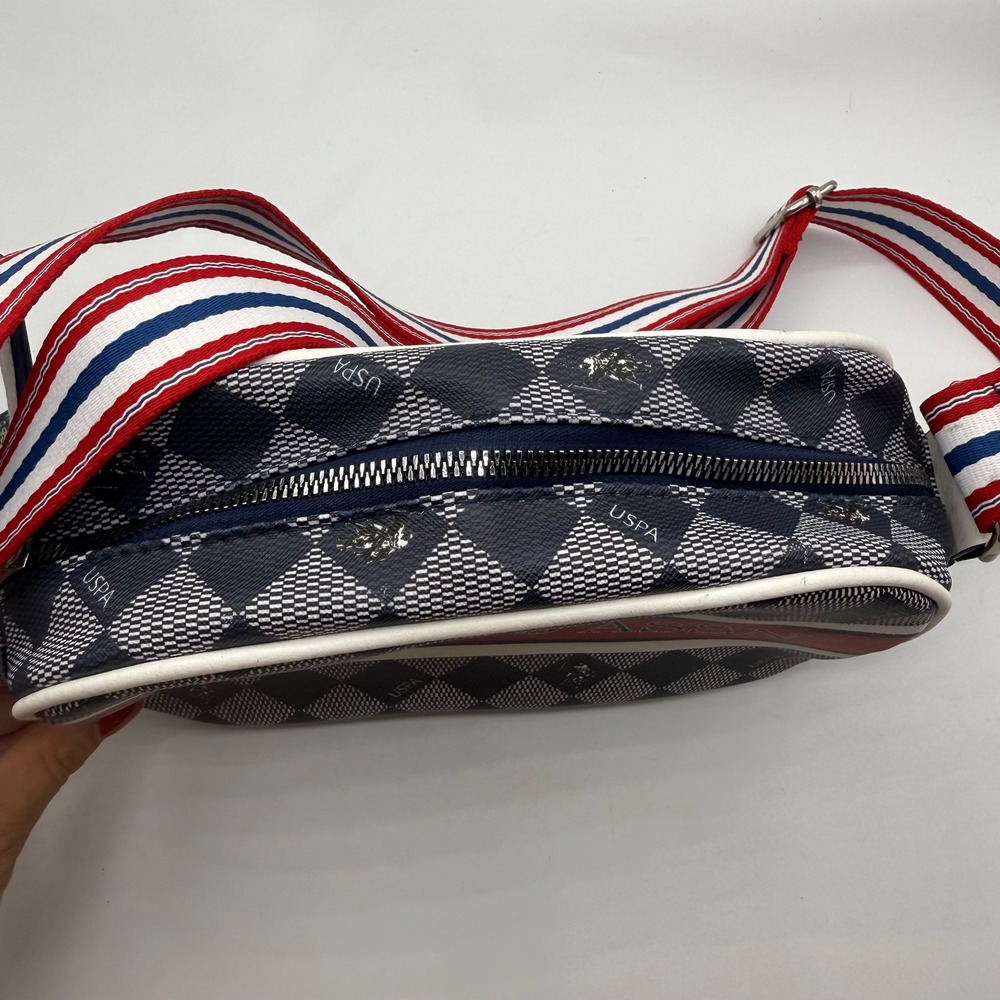 US Polo Assn Crossbody Bag Navy White Plaid Logo Strap Zipper Top New‎ w/ Tags - Picture 3 of 11
